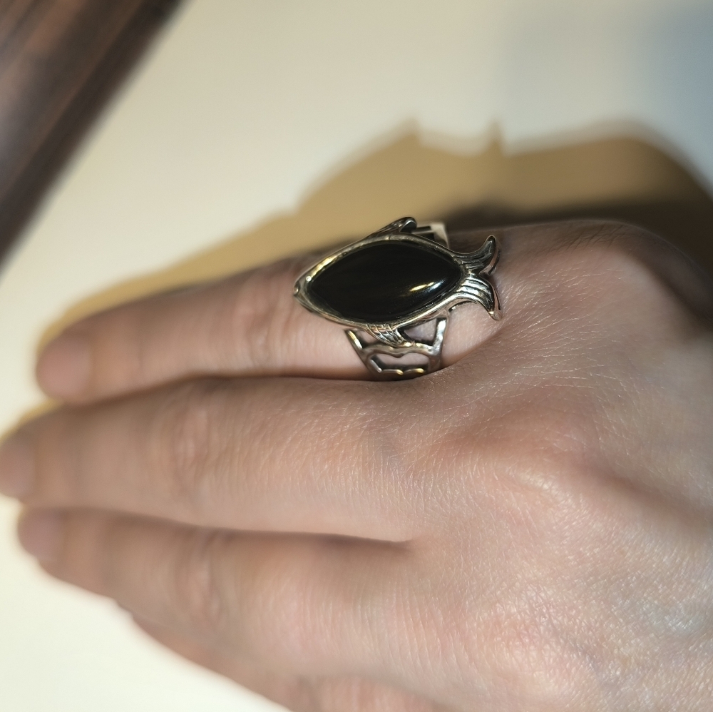 Large Textured Fish Black Onyx Sterling Silver Men Unisex Ring Size 10 - Picture 11 of 17